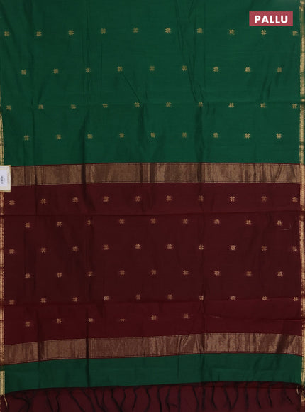 Semi maheswari cotton saree green and maroon with zari woven buttas and small zari woven border