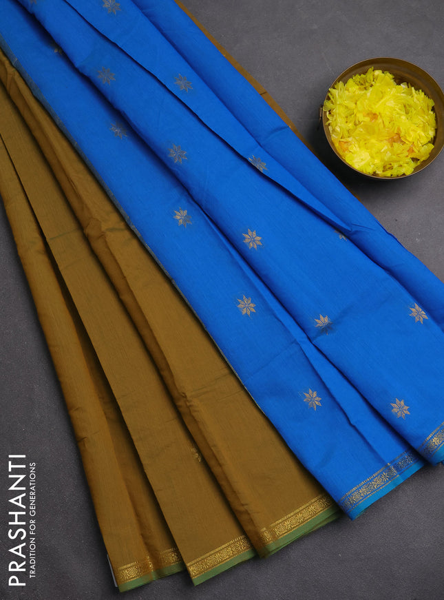 Semi maheswari cotton saree mehendi green and cs blue with zari woven buttas and small zari woven border