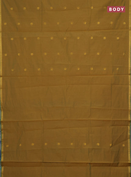 Semi maheswari cotton saree mehendi green and cs blue with zari woven buttas and small zari woven border