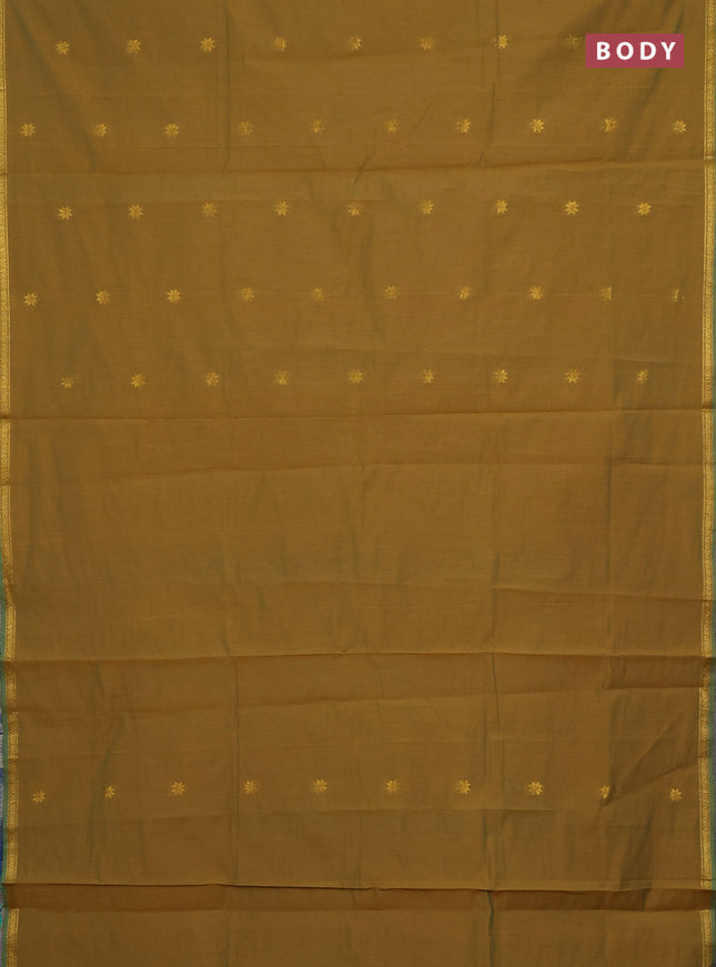 Semi maheswari cotton saree mehendi green and cs blue with zari woven buttas and small zari woven border