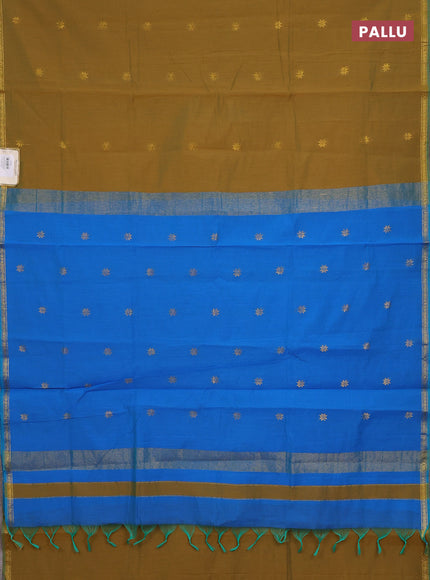 Semi maheswari cotton saree mehendi green and cs blue with zari woven buttas and small zari woven border