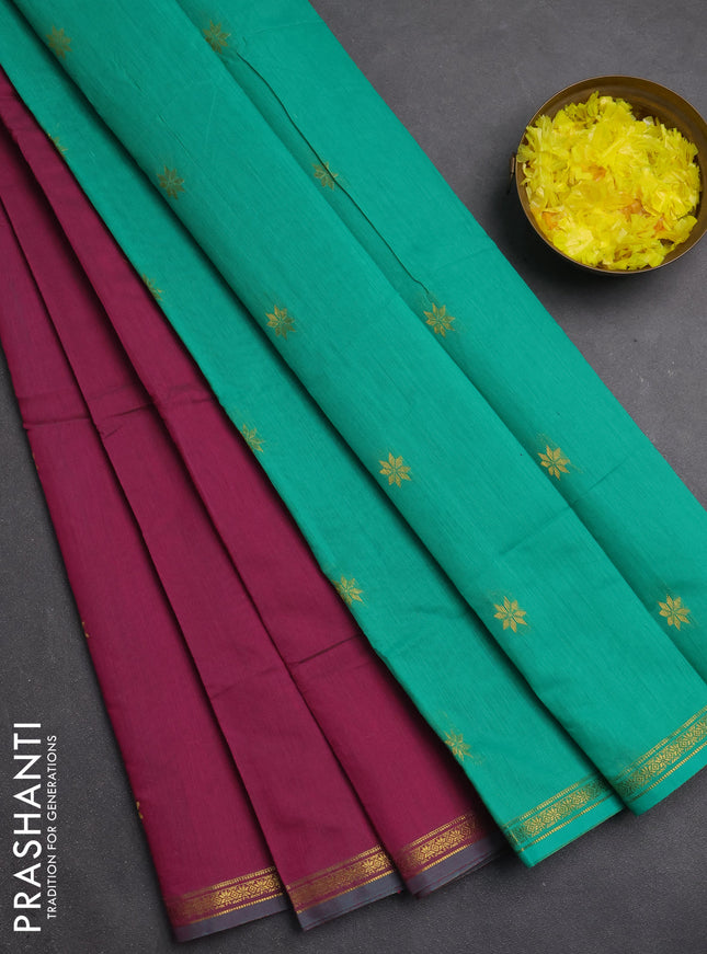 Semi maheswari cotton saree dual shade of pink and teal green with zari woven buttas and small zari woven border