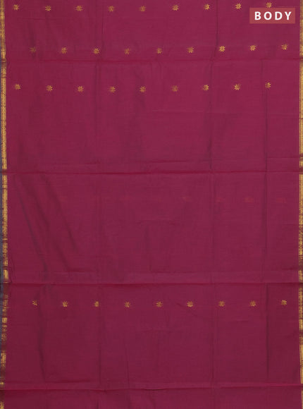 Semi maheswari cotton saree dual shade of pink and teal green with zari woven buttas and small zari woven border