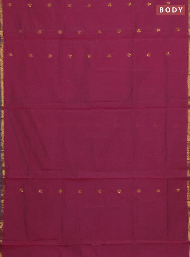 Semi maheswari cotton saree dual shade of pink and teal green with zari woven buttas and small zari woven border