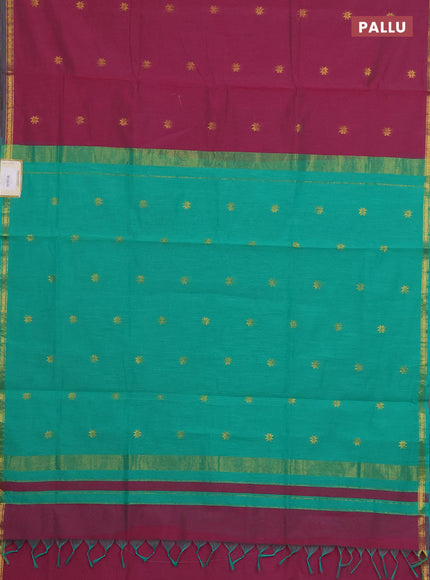 Semi maheswari cotton saree dual shade of pink and teal green with zari woven buttas and small zari woven border