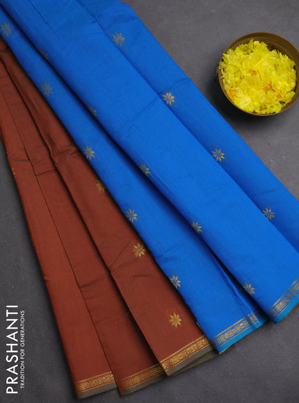 Semi maheswari cotton saree dual shade of brown and cs blue with zari woven buttas and small zari woven border