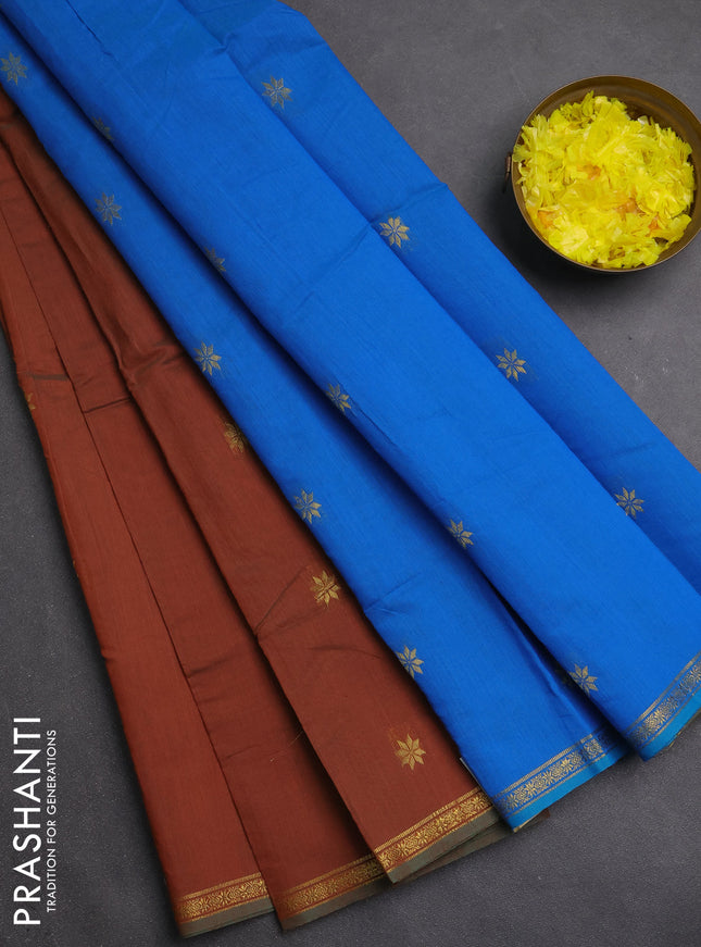 Semi maheswari cotton saree dual shade of brown and cs blue with zari woven buttas and small zari woven border