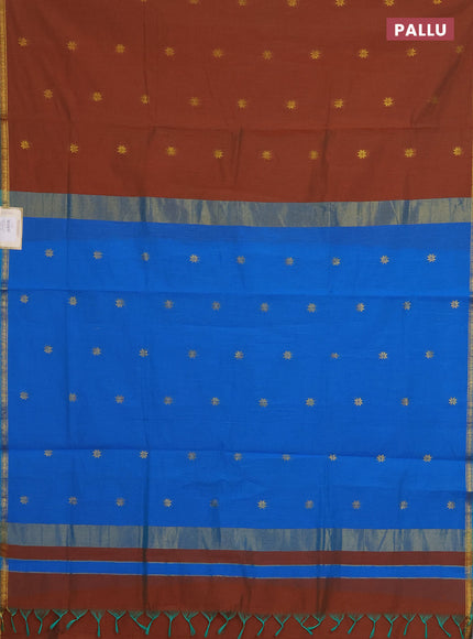 Semi maheswari cotton saree dual shade of brown and cs blue with zari woven buttas and small zari woven border