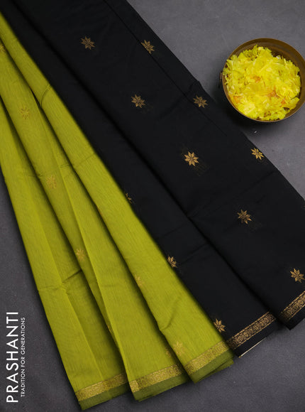Semi maheswari cotton saree lime green and black with zari woven buttas and small zari woven border