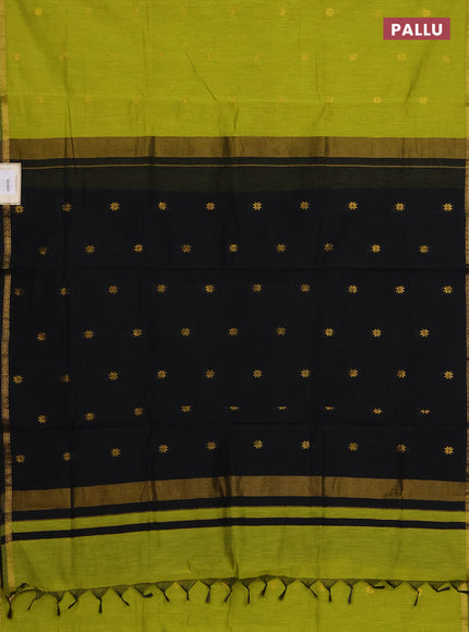 Semi maheswari cotton saree lime green and black with zari woven buttas and small zari woven border