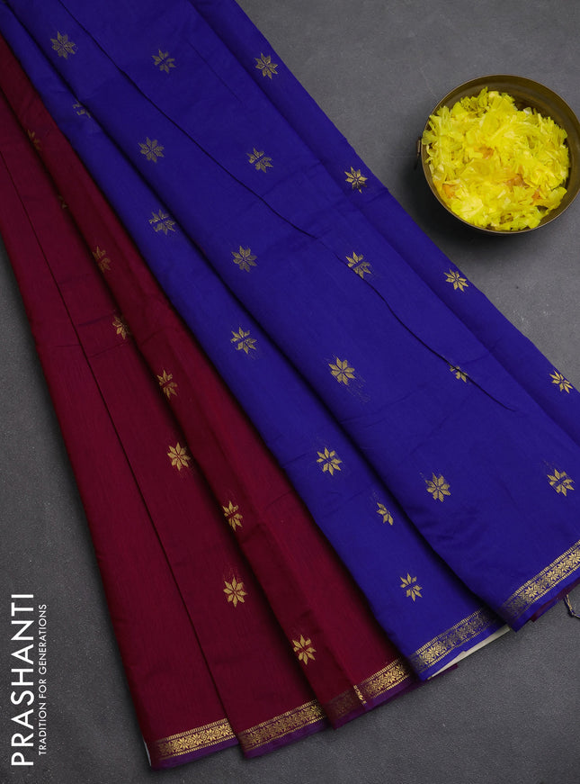 Semi maheswari cotton saree magenta pink and blue with zari woven buttas and small zari woven border