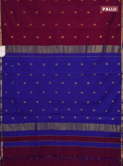 Semi maheswari cotton saree magenta pink and blue with zari woven buttas and small zari woven border