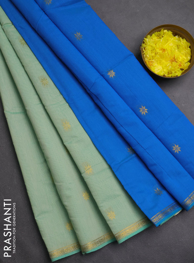 Semi maheswari cotton saree pastel green and cs blue with zari woven buttas and small zari woven border