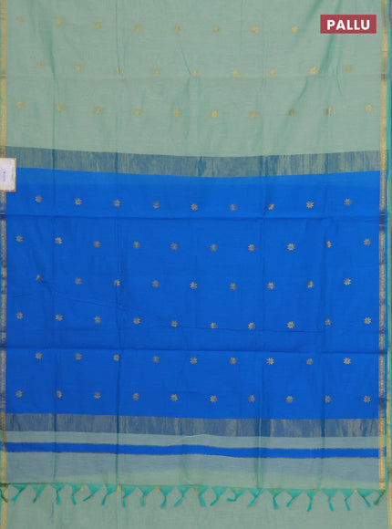 Semi maheswari cotton saree pastel green and cs blue with zari woven buttas and small zari woven border