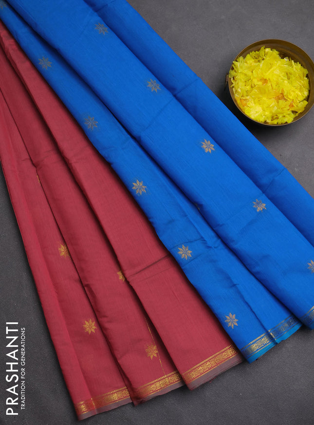 Semi maheswari cotton saree pink shade and cs blue with zari woven buttas and small zari woven border