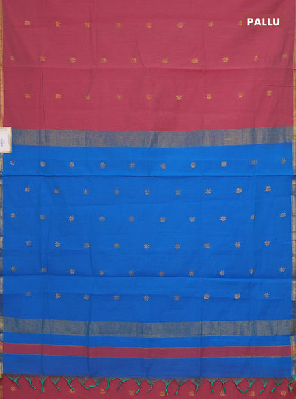 Semi maheswari cotton saree pink shade and cs blue with zari woven buttas and small zari woven border
