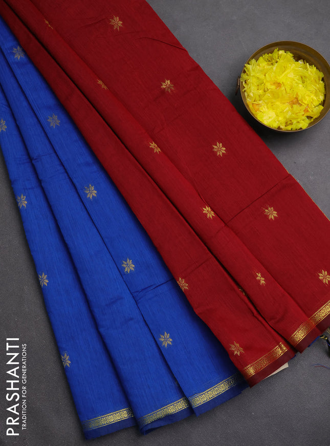 Semi maheswari cotton saree blue and maroon with zari woven buttas and small zari woven border