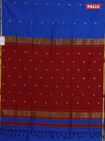 Semi maheswari cotton saree blue and maroon with zari woven buttas and small zari woven border