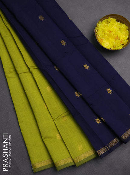Semi maheswari cotton saree lime green and navy blue with zari woven buttas and small zari woven border