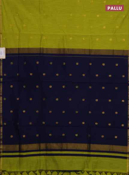 Semi maheswari cotton saree lime green and navy blue with zari woven buttas and small zari woven border