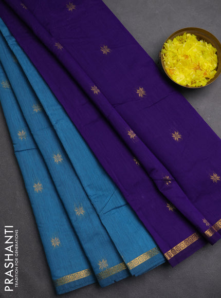 Semi maheswari cotton saree teal blue and violet with zari woven buttas and small zari woven border