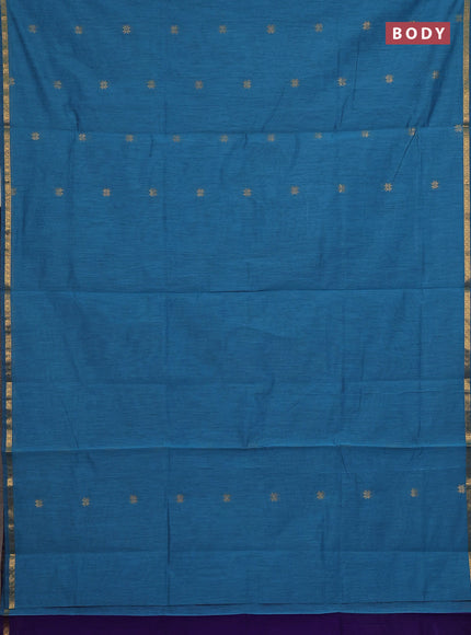 Semi maheswari cotton saree teal blue and violet with zari woven buttas and small zari woven border