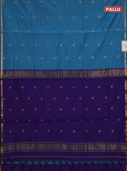 Semi maheswari cotton saree teal blue and violet with zari woven buttas and small zari woven border