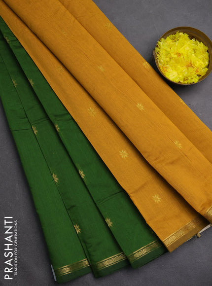 Semi maheswari cotton saree green and mustard yellow with zari woven buttas and small zari woven border