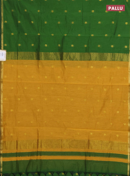 Semi maheswari cotton saree green and mustard yellow with zari woven buttas and small zari woven border