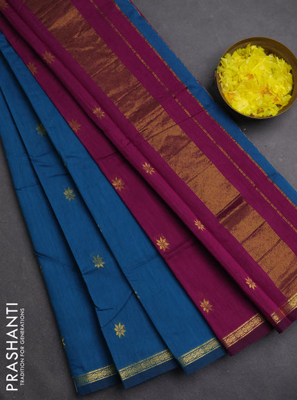Semi maheswari cotton saree teal blue and purple with zari woven buttas and small zari woven border