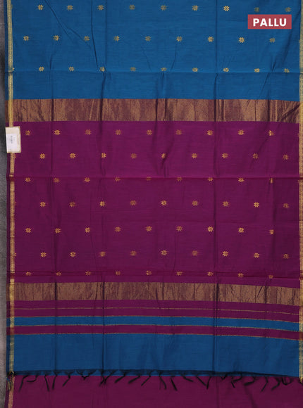 Semi maheswari cotton saree teal blue and purple with zari woven buttas and small zari woven border