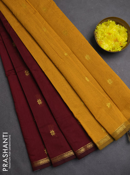Semi maheswari cotton saree maroon and mustard yellow with zari woven buttas and small zari woven border