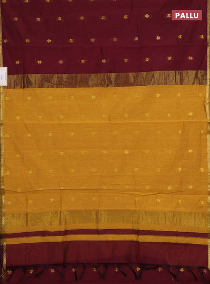 Semi maheswari cotton saree maroon and mustard yellow with zari woven buttas and small zari woven border