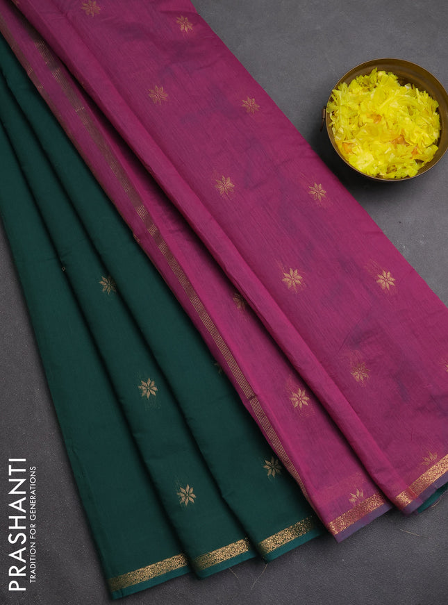 Semi maheswari cotton saree green and pink shade with zari woven buttas and small zari woven border
