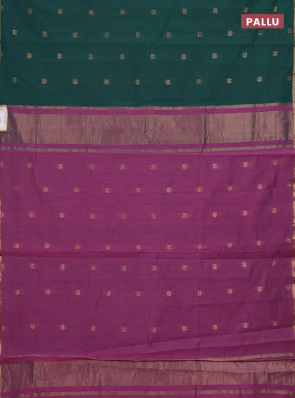 Semi maheswari cotton saree green and pink shade with zari woven buttas and small zari woven border