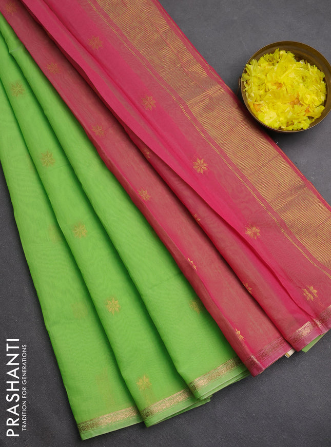 Semi maheswari cotton saree green and pink shade with zari woven buttas and small zari woven border