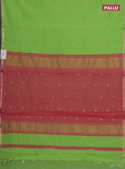 Semi maheswari cotton saree green and pink shade with zari woven buttas and small zari woven border