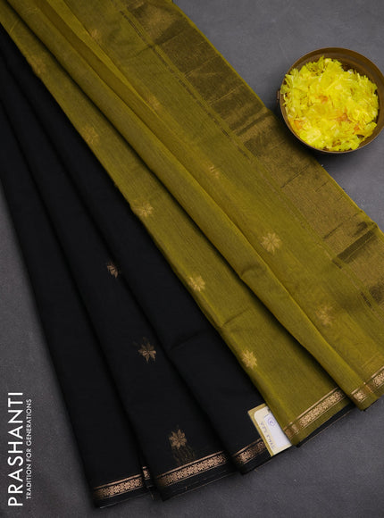 Semi maheswari cotton saree black and mehendi green with zari woven buttas and small zari woven border