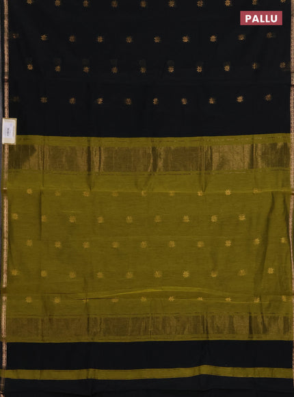 Semi maheswari cotton saree black and mehendi green with zari woven buttas and small zari woven border