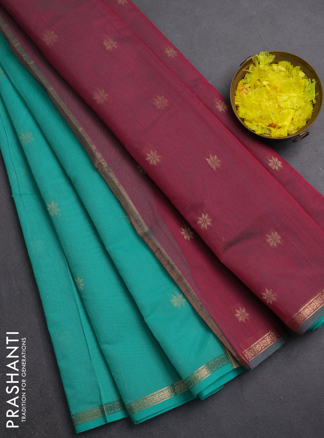 Semi maheswari cotton saree teal green and pink shade with zari woven buttas and small zari woven border
