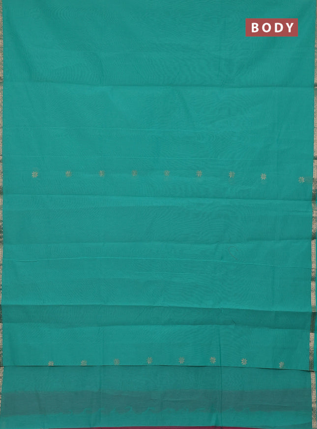 Semi maheswari cotton saree teal green and pink shade with zari woven buttas and small zari woven border