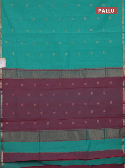 Semi maheswari cotton saree teal green and pink shade with zari woven buttas and small zari woven border