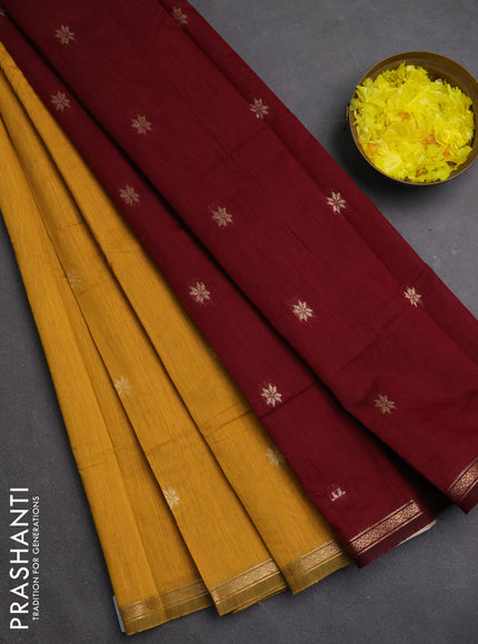 Semi maheswari cotton saree mustard yellow and maroon with zari woven buttas and small zari woven border