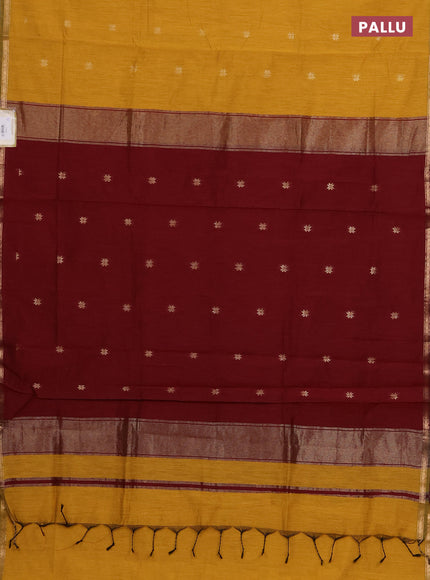 Semi maheswari cotton saree mustard yellow and maroon with zari woven buttas and small zari woven border