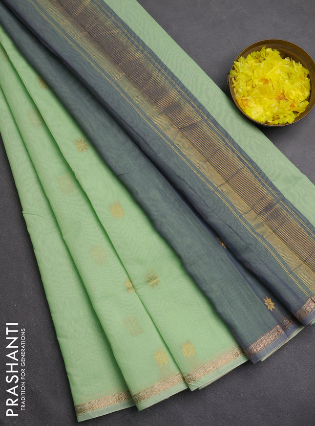 Semi maheswari cotton saree pista green and grey shade with zari woven buttas and small zari woven border