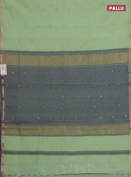 Semi maheswari cotton saree pista green and grey shade with zari woven buttas and small zari woven border