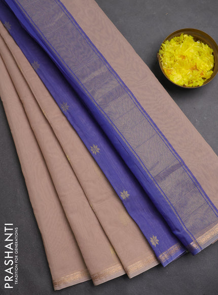 Semi maheswari cotton saree beige and blue with zari woven buttas and small zari woven border