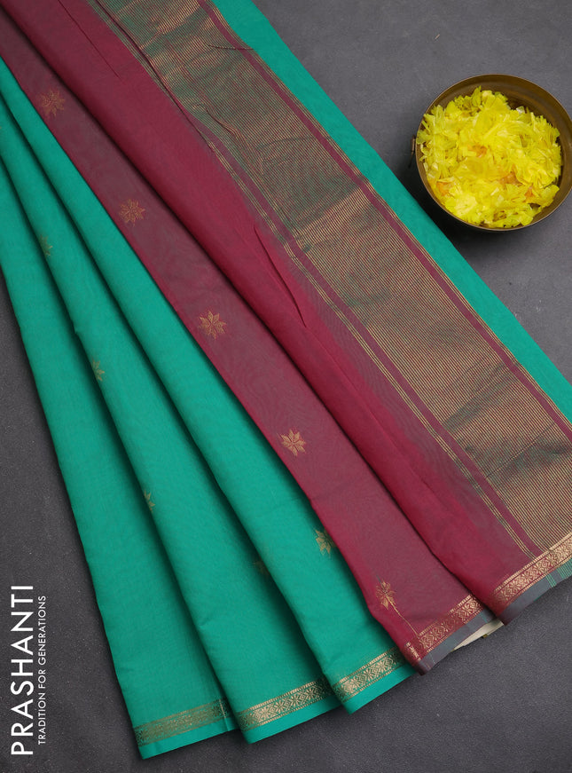 Semi maheswari cotton saree green and pink shade with zari woven buttas and small zari woven border