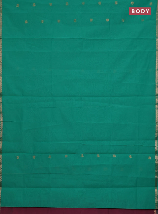 Semi maheswari cotton saree green and pink shade with zari woven buttas and small zari woven border