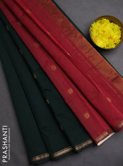 Semi maheswari cotton saree bottle green and maroon with zari woven buttas and small zari woven border